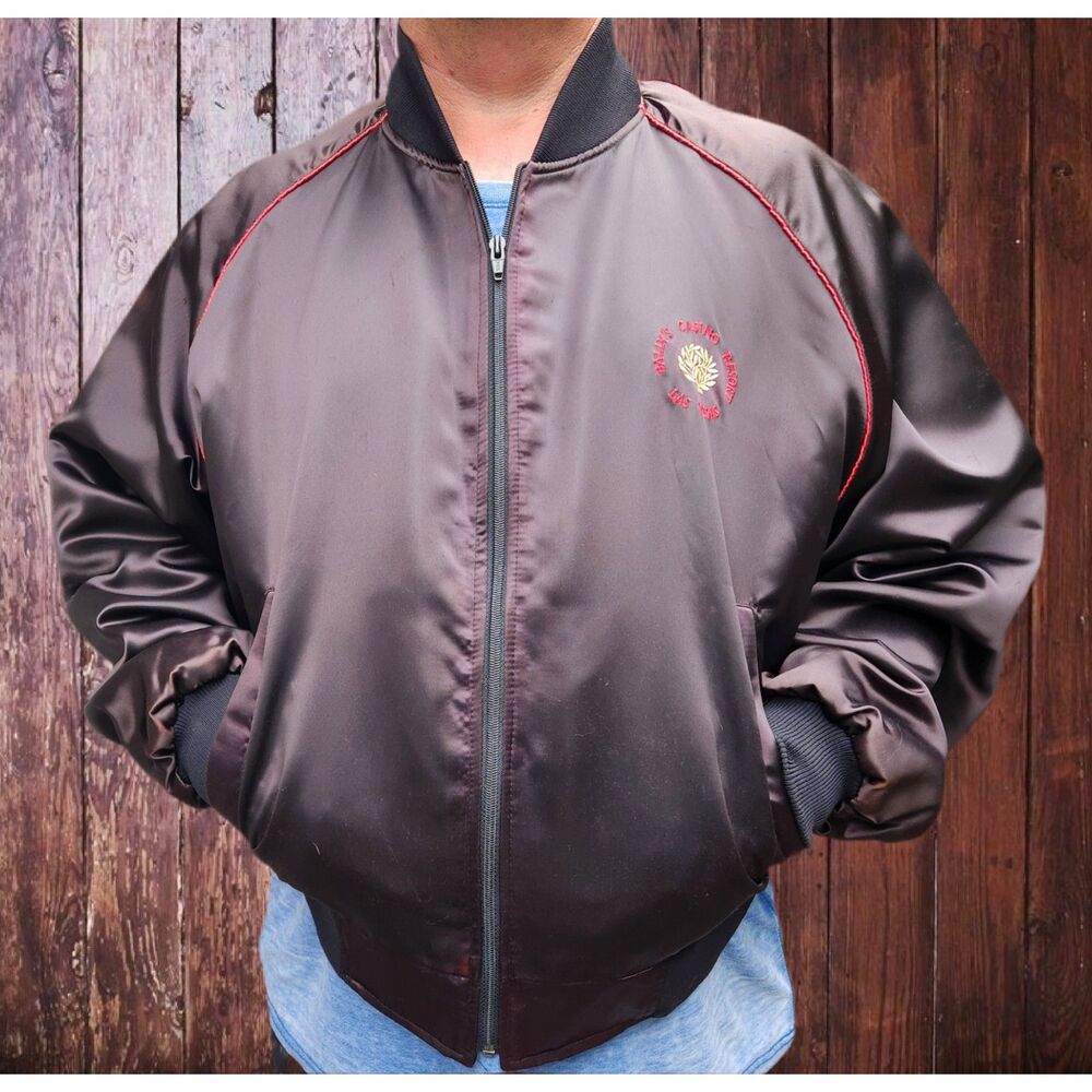 Vintage Bally’s Casino Las Vegas XL Black Satin Bomber Jacket Back Embroidery